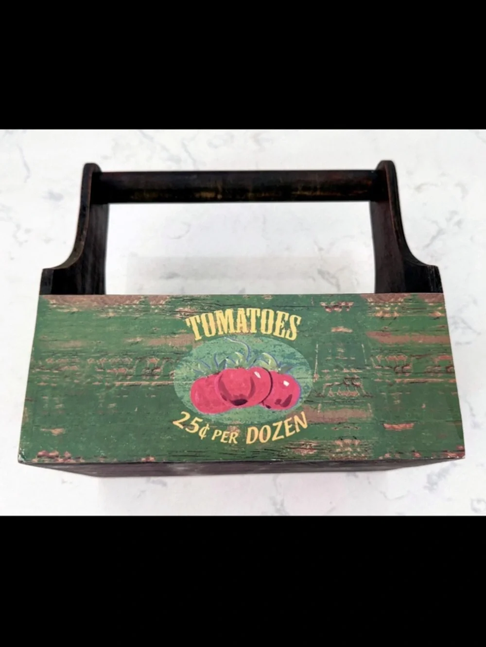 Farmhouse Wood Caddy Organizer Vintage Tomatoes Sunflower Seeds Two-Sided Box